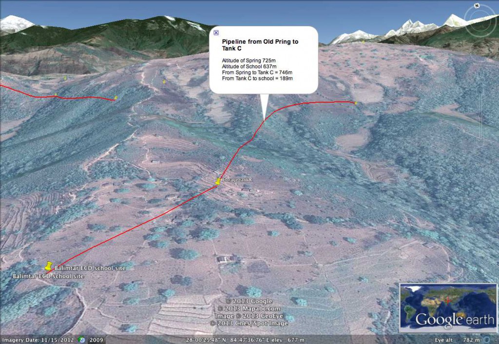 Google Eeath photo showing the spring above Balimtar and the pipe line and tanks needed