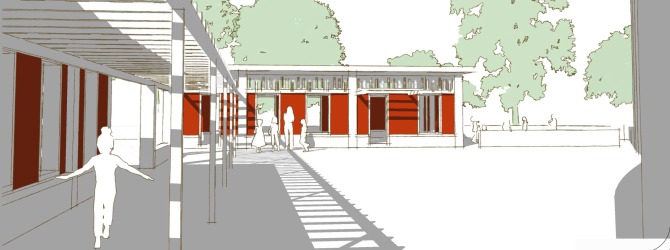 East view of the two new school blocks, connected by a wooden Gazebo providing a shaded entrance way