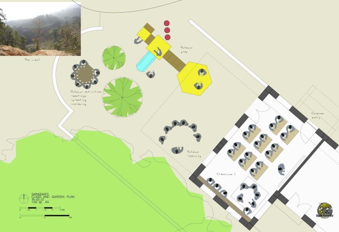 Detailed plan view of the West classroom and enclosed play garden, showing the flexible teaching spaces created both inside and out.